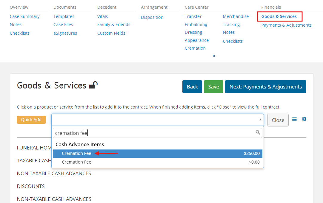 Add item to Goods & Services