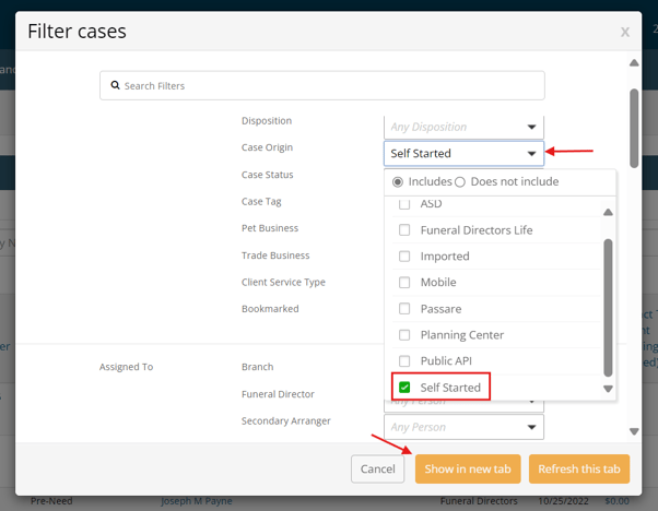 Filter cases modal