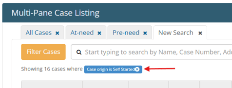 Filtered tab showing self-started cases