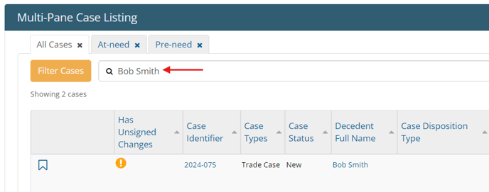 Search for case in Case Listing