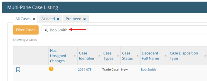 Search for case in Case Listing