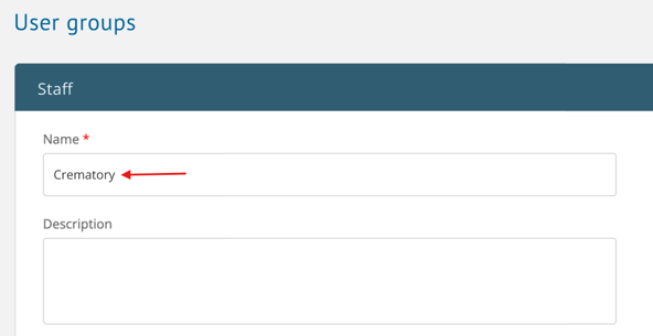 New user group form with "Crematory" typed into group name field