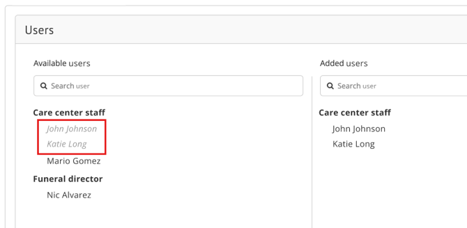 John Johnson and Katie Long users in gray italic font under Available users column, and are listed normally in the Added users column
