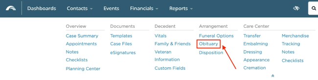 Obituary section under Arrangement 