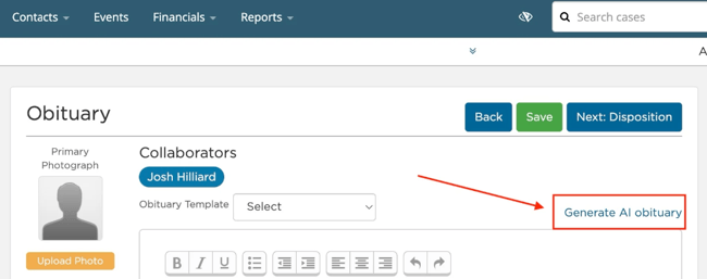 Generate AI obituary button on Obituary page