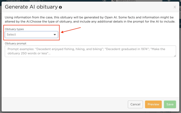 Obituary type dropdown in Generate AI obituary modal