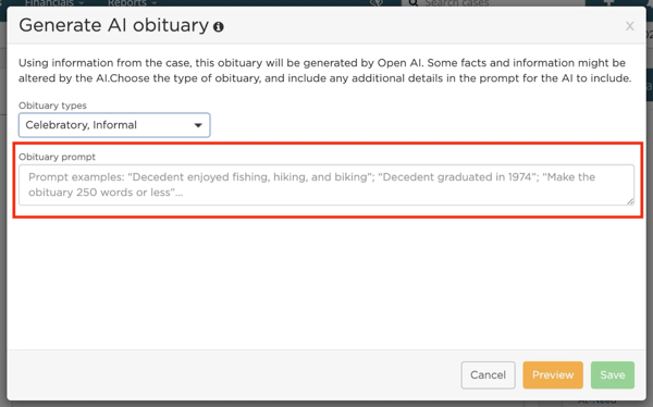 Screenshot of Obituary Prompt field.