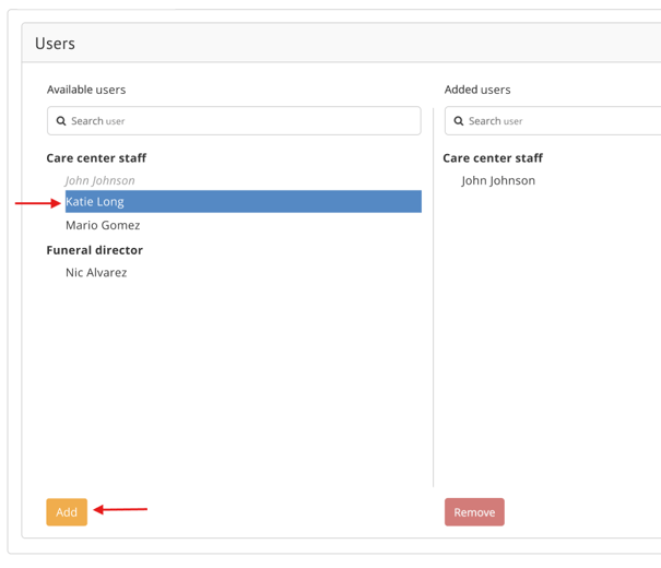 Katie Long user name selected from Available users column on left, and orange "Add" button at bottom