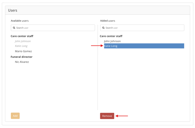 Katie Long user name selected on Added users column and red "Remove" button at bottom