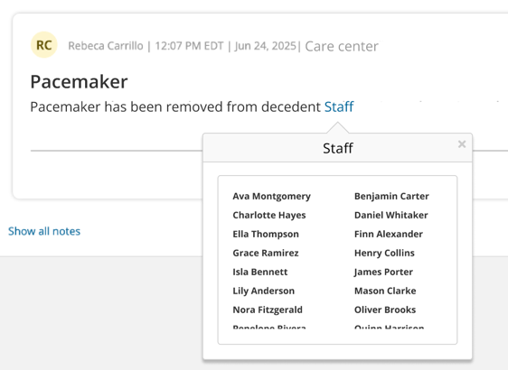 "Staff" user group mentioned in Care Center note, with hover tooltip listing out included users