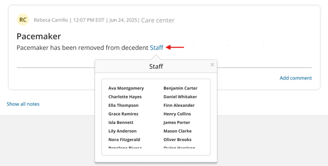 "Staff" user group mentioned in Care Center note, with hover tooltip listing out included users