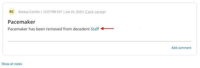 Care center note titled "Pacemaker" with note text and "Staff" user group mentioned