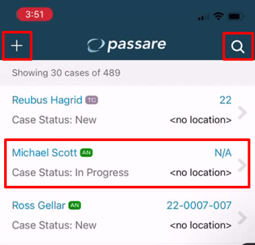 To view/edit a case, click on the case name. To add a case, click the plus icon. To sort & filter, click the magnifying glass in top right.