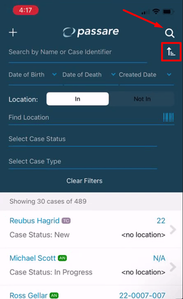 Sort & filter cases with the top-right magnifying glass