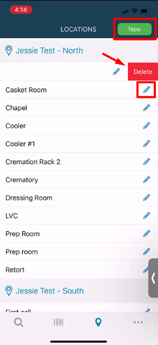 Edit a location with the pencil icon. Add a location with the "New" button. Delete a location by swiping left on it and clicking "Delete"