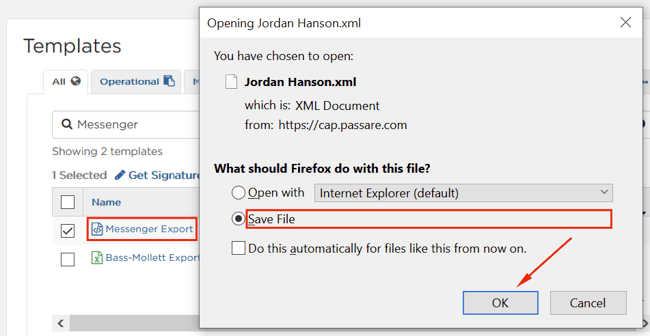 select Save file and OK in Messenger Export