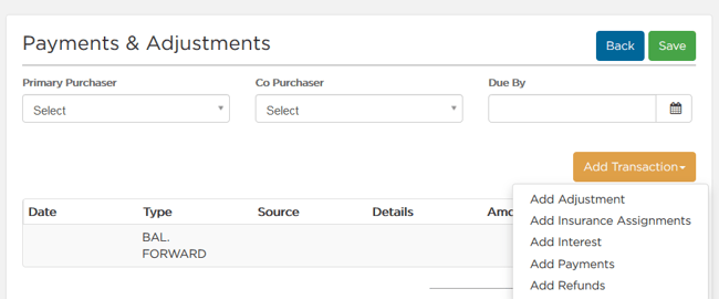 Add Transaction button drop-down