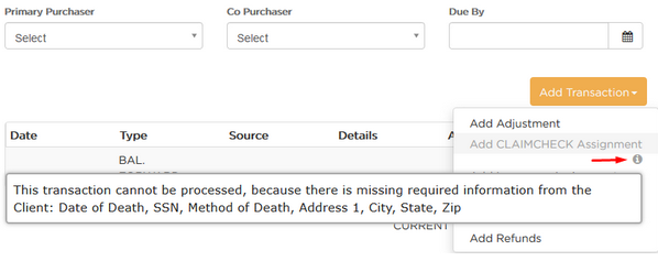 information icon shows what required info is missing