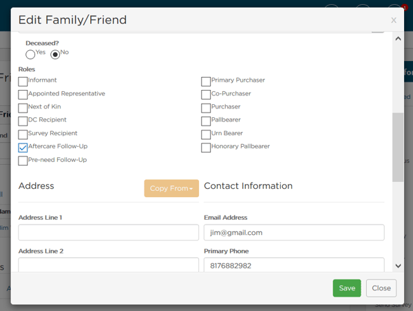 Edit Family/Friend pop-up