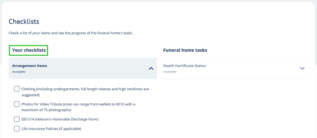 Checklists page