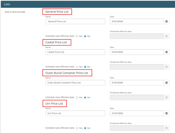 Effective dates page with sections for General, Casket, Outer Burial Container, and Urn Price Lists