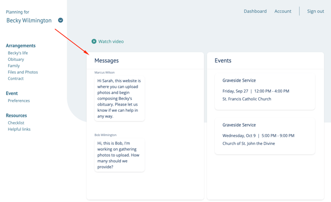 messages on dashboard