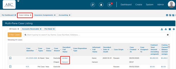 Decedent column in Case Listing tab
