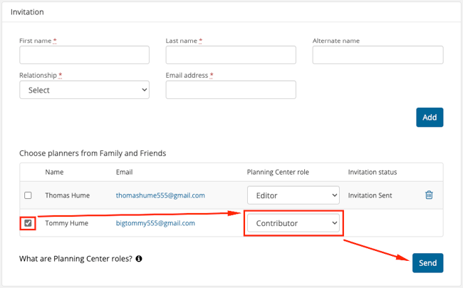 invitation section of planning center page on case