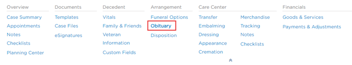 Obituary page in case menu