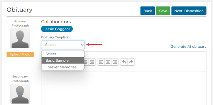 Obituary template selector
