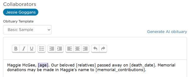 Populated obituary with missing data