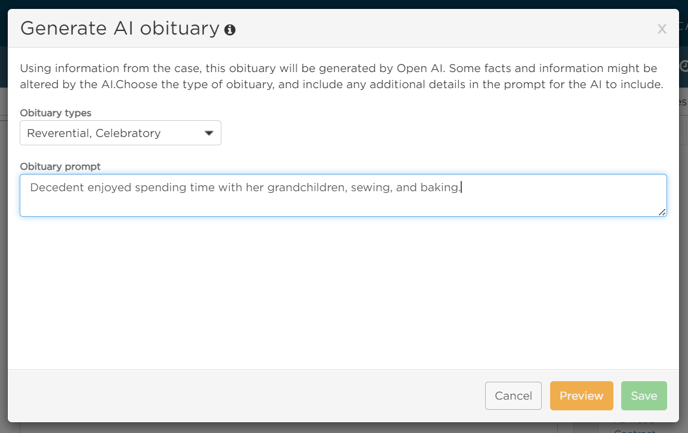 AI Obituary prompt fields