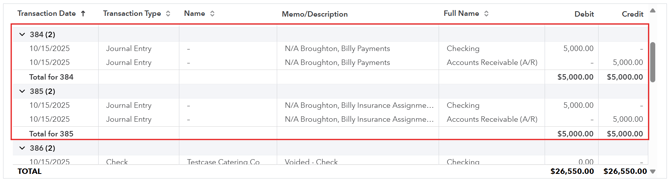 ACH and insurance assignment entries in QuickBooks Online