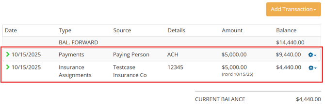 An ACH and insurance assignment entry on Payments & Adjustments in Passare