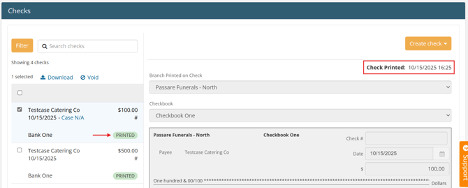 Check in Passare with "Printed" status
