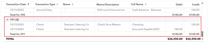 Check entry in QuickBooks Online