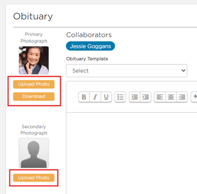 Upload and download obituary photo buttons
