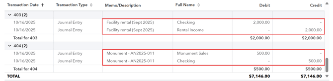 QuickBooks Online showing an entry for funds paid and another for funds received