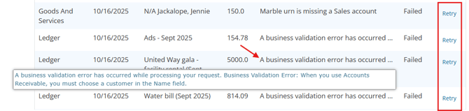 Logs page in Passare showing several errors and options to "Retry"