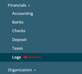 Admin > Financials > Logs in Passare menu