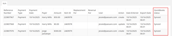 Detailed History table showing a column labeled "QuickBooks status" and the output "Synced"