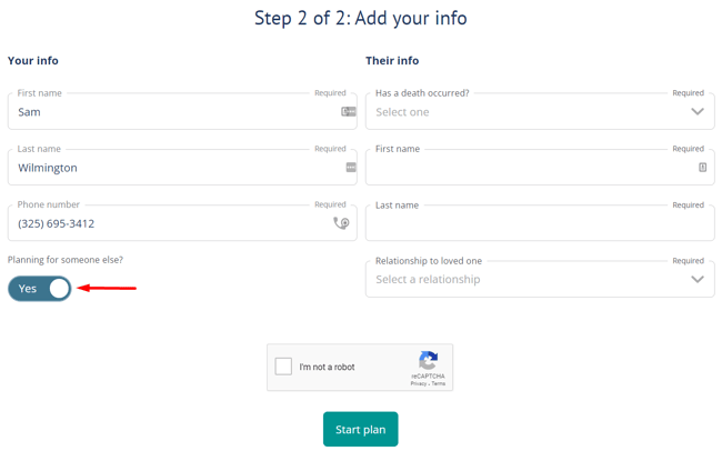 Account creation form when "Planning for someone else" is selected