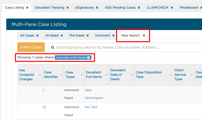 This will bring all self-started cases into a New search tab.