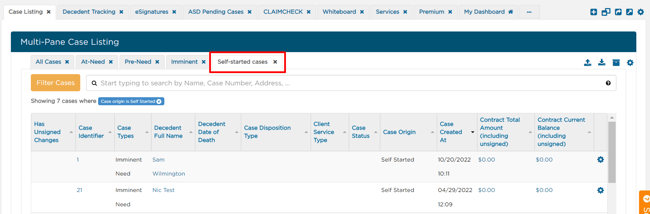 New tab for self-started cases