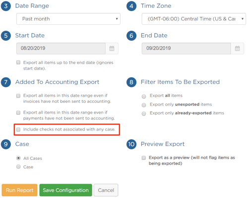 checkbox for Include checks not associated with any case.