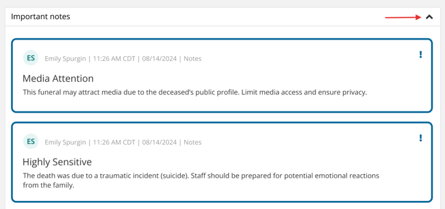 Collapsible Important Notes section on Case Summary page