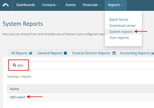 Reports > System reports with QBO export listed