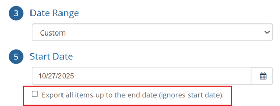 Export all items up to the end date checkbox under Start date setting