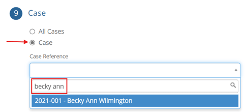 Single case select radio button with case name in search