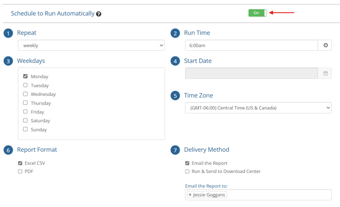 Schedule to Run Automatically toggle turned on with corresponding schedule settings